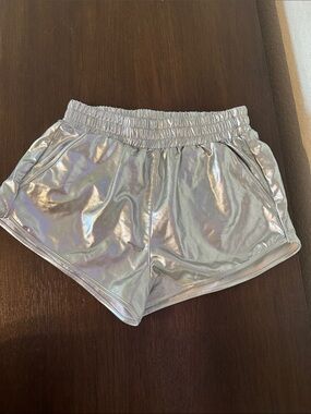 Iridescent Silver Women's Athletic Shorts with Elastic Waist with pockets